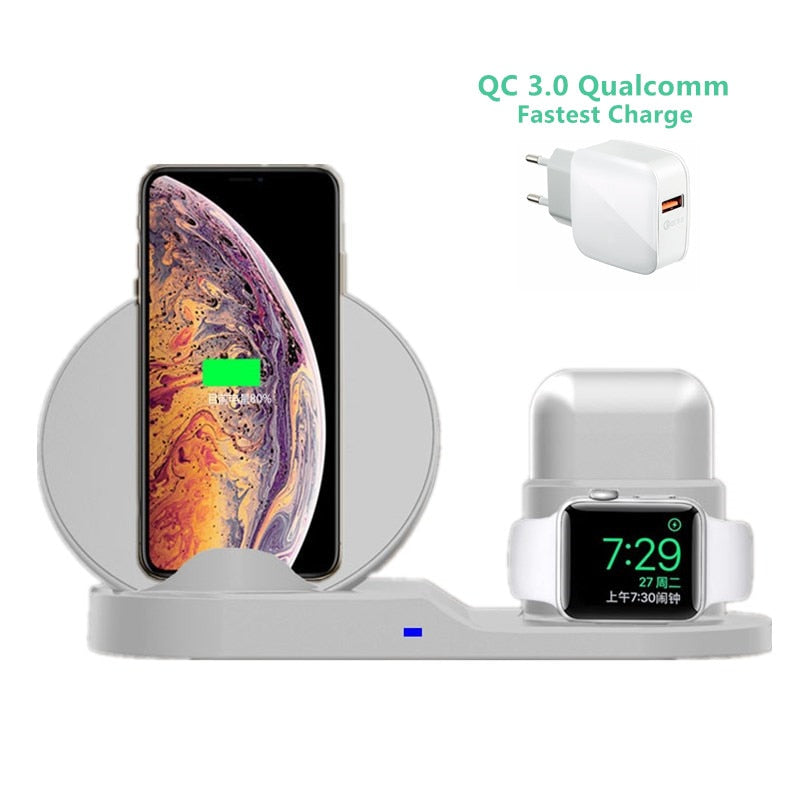 Lightning Fast 3 In 1 Wireless Charger Dock Station For 1) iPhone XR XS Max 8 For 2) Apple Watch 2 3 4 For 3) Air pods For Samsung
