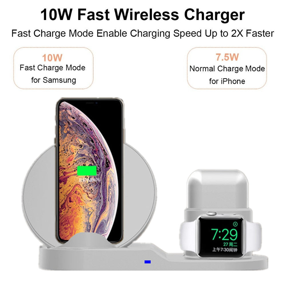 Lightning Fast 3 In 1 Wireless Charger Dock Station For 1) iPhone XR XS Max 8 For 2) Apple Watch 2 3 4 For 3) Air pods For Samsung