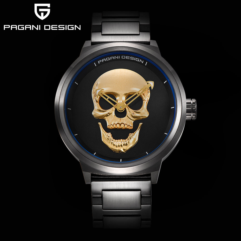 PAGANI DESIGN Punk 3D Skull Personality Retro Fashion Men's Watches Large Dial