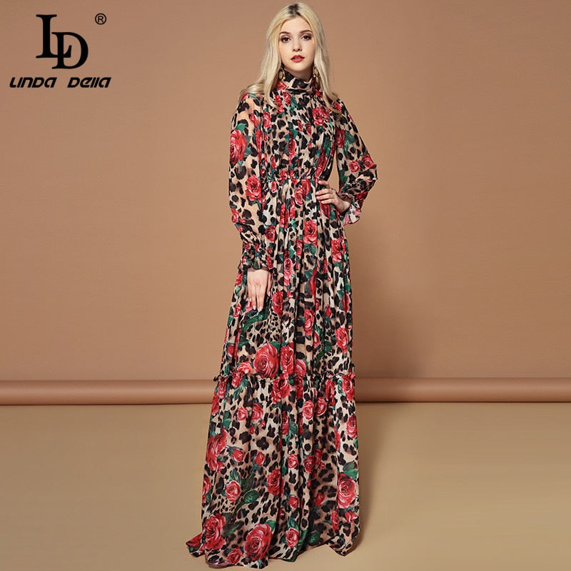 Women&#39;s Fashion Runway Design Long Sleeve Dresses Elegant Party Rose