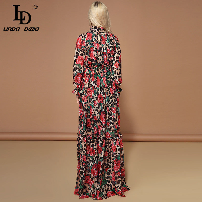 Women&#39;s Fashion Runway Design Long Sleeve Dresses Elegant Party Rose