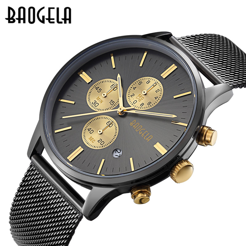 BAOGELA Fashion Men's Sports quartz-watch stainless steel mesh Brand men watches