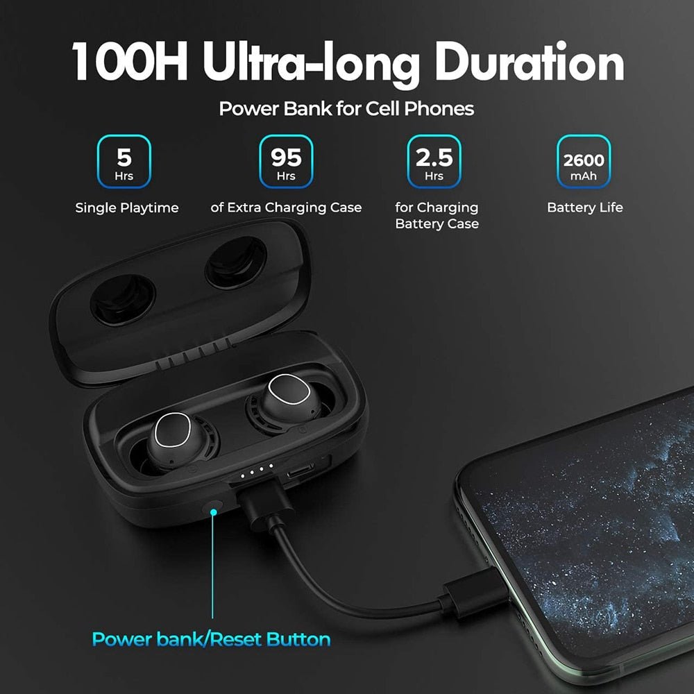 Bluetooth 5.0 True Wireless Earbuds 100h Playtime iPX7 Sweatproof TWS Earphones USB C Charging For iPhone Bluetooth Earphones