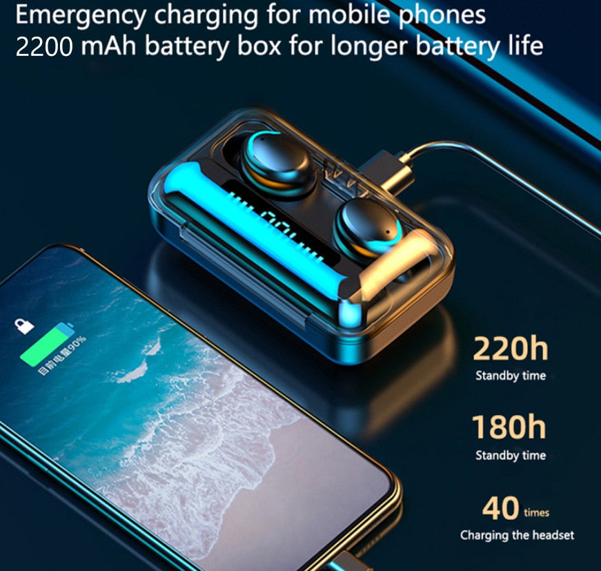 Bluetooth 5.0 Earphones 2200mAh Charging Box Wireless Headphone 9D Stereo Sports Waterproof Earbuds Headsets