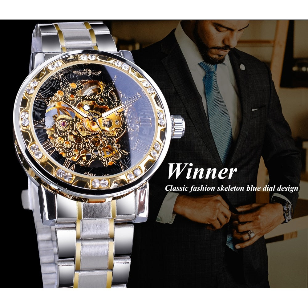 Royal Design Men Fashion Diamond Luminous Gear Movement  - Top Luxury Male Mechanical Skeleton Watch