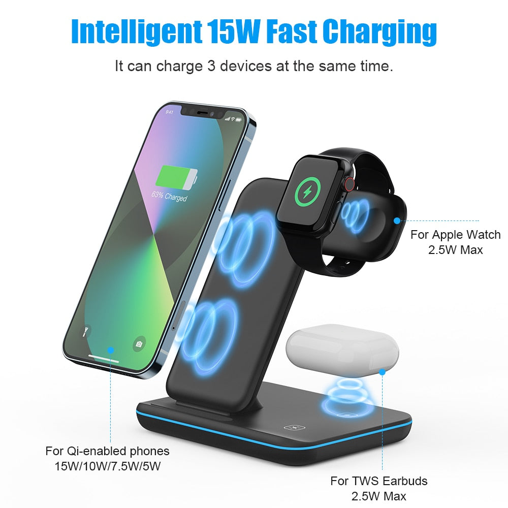 Wireless Charger Stand 15W Qi Fast Charging Station Dock for Apple Watch iWatch 7 AirPods Pro For iPhone 14 13 12 11 Pro XS XR X|Wireless Chargers|