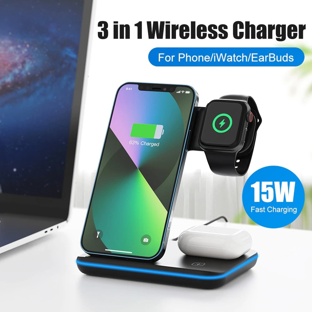 Wireless Charger Stand 15W Qi Fast Charging Station Dock for Apple Watch iWatch 7 AirPods Pro For iPhone 14 13 12 11 Pro XS XR X|Wireless Chargers|