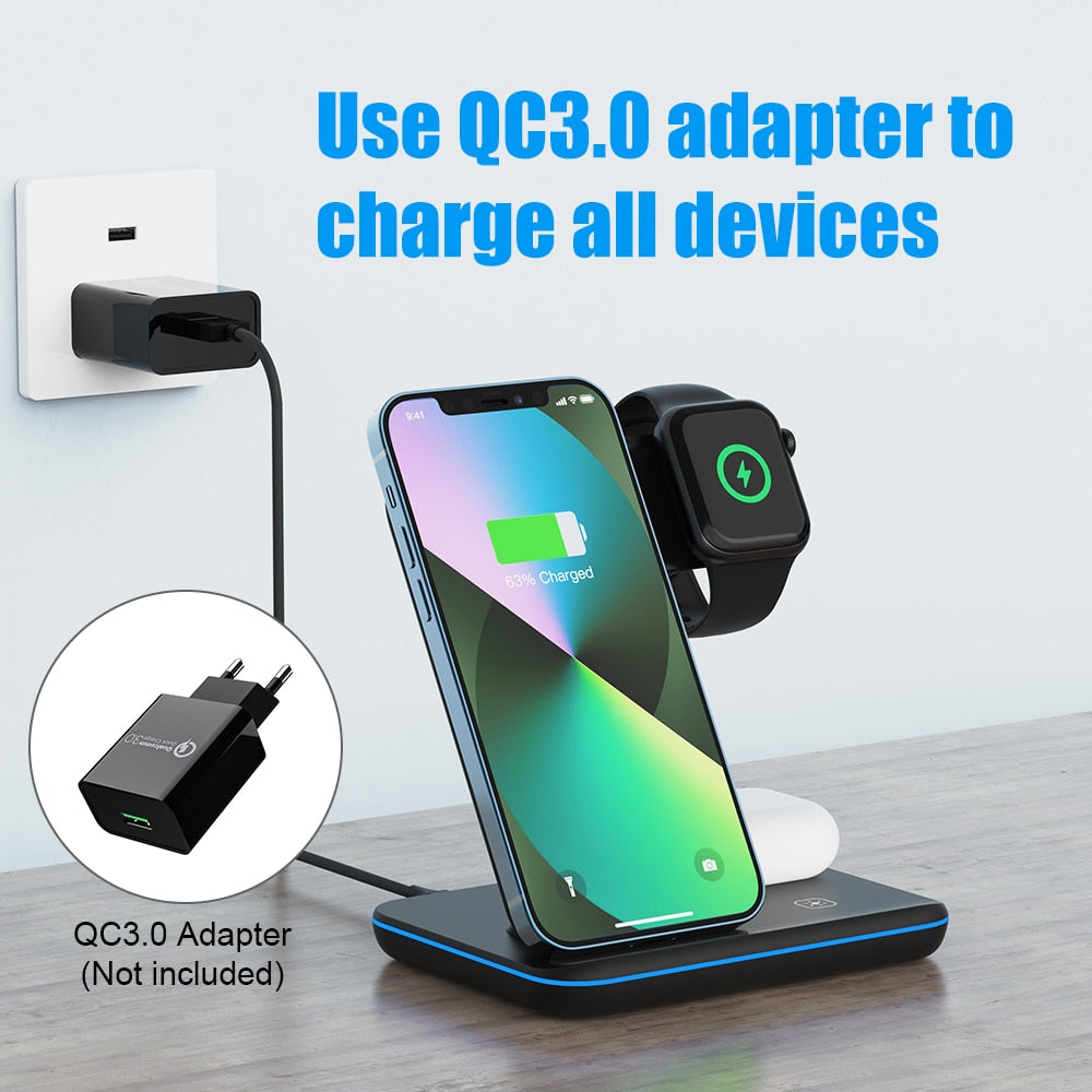 Wireless Charger Stand 15W Qi Fast Charging Station Dock for Apple Watch iWatch 7 AirPods Pro For iPhone 14 13 12 11 Pro XS XR X|Wireless Chargers|
