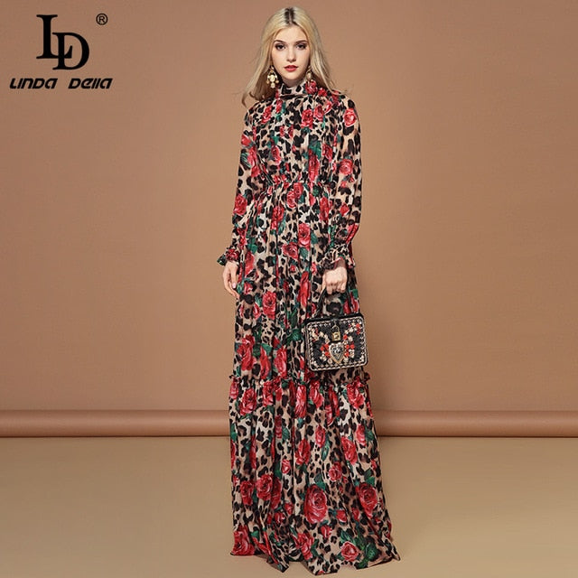 Women&#39;s Fashion Runway Design Long Sleeve Dresses Elegant Party Rose